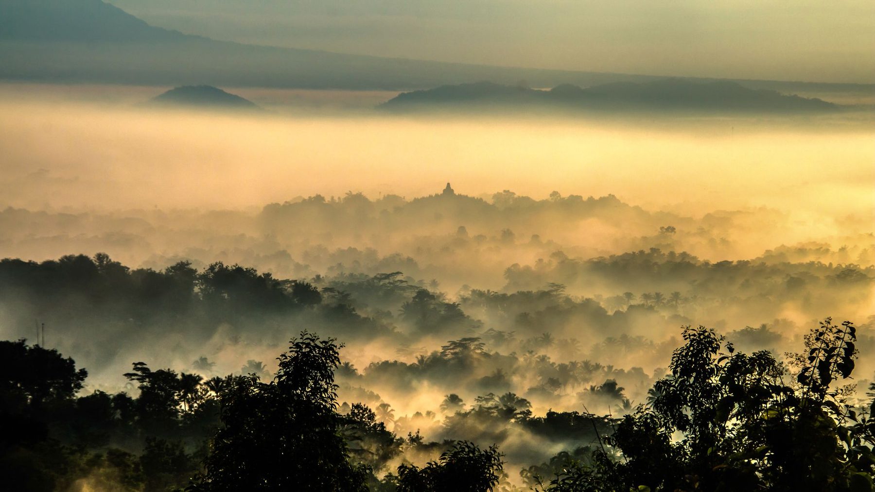 Pandangan matahari terbit berkabut di atas Candi Borobudur, Yogyakarta, Indonesia